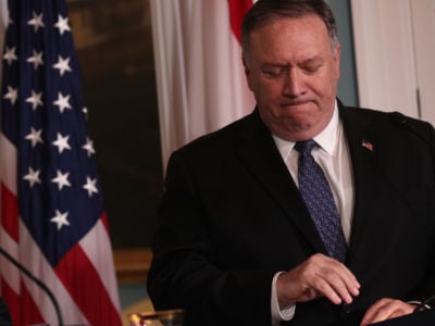 Secretary of State Mike Pompeo pauses during remarks