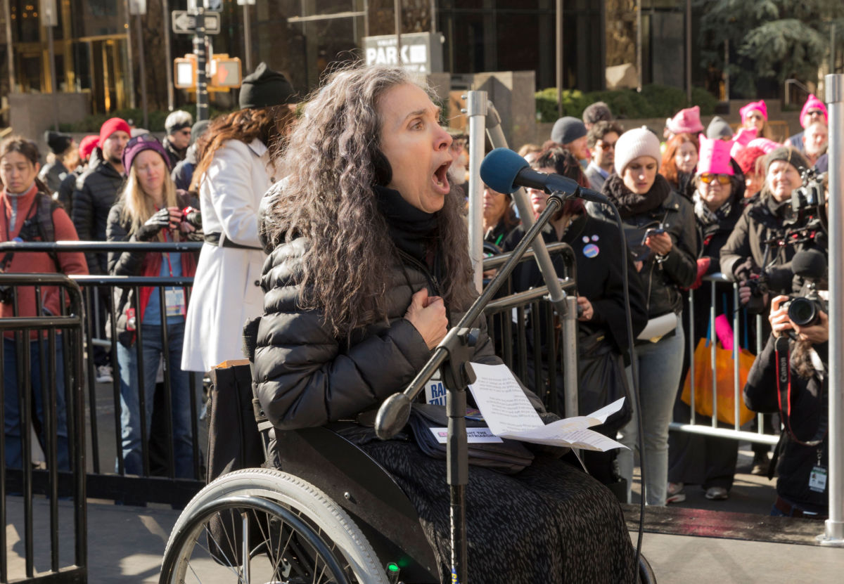 Nadina LaSpina speaks at the Women's March in New York, January 20, 2018.