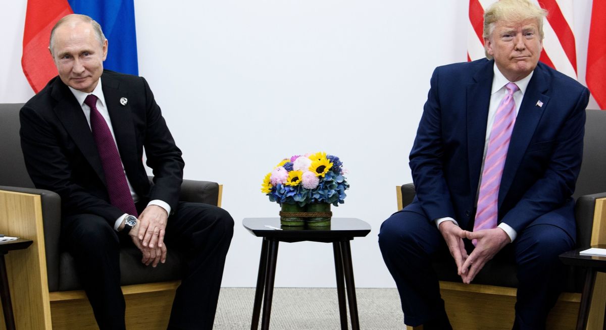 Donald Trump attends a meeting with Russia's President Vladimir Putin during the G20 summit in Osaka on June 28, 2019.