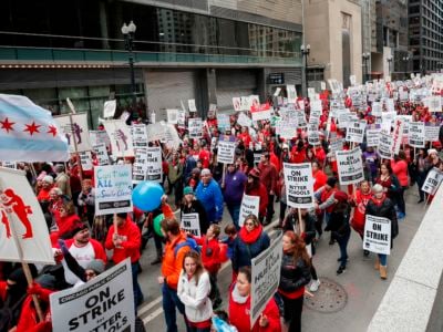 Teachers and supporters gather for a rally on the first day of strike by the Chicago Teachers Union on October 17, 2019, in Chicago, Illinois.