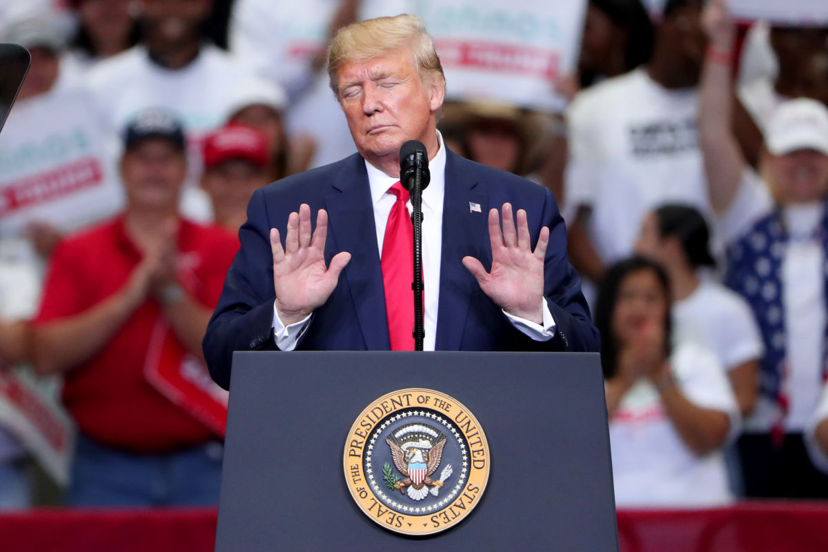 Donald Trump speaks during a "Keep America Great" Campaign Rally at American Airlines Center on October 17, 2019 in Dallas, Texas.