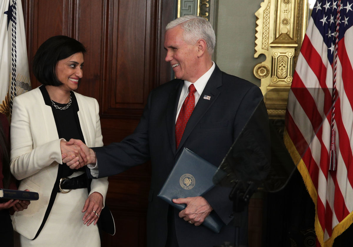 Seema Verma shakes hands with Vice President Mike Pence during a swearing-in ceremony in the Vice President's ceremonial office at Eisenhower Executive Building, March 14, 2017, in Washington, D.C.