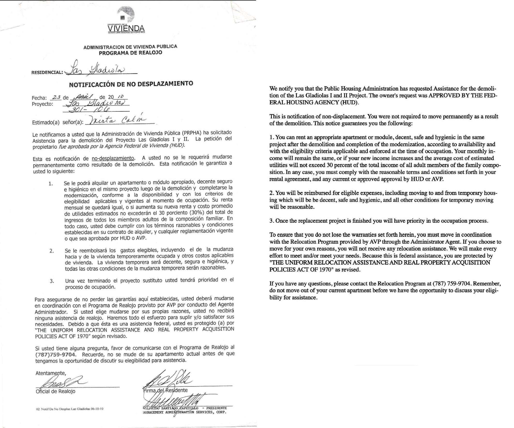 A non-displacement agreement signed by Colón on April 23, 2010.