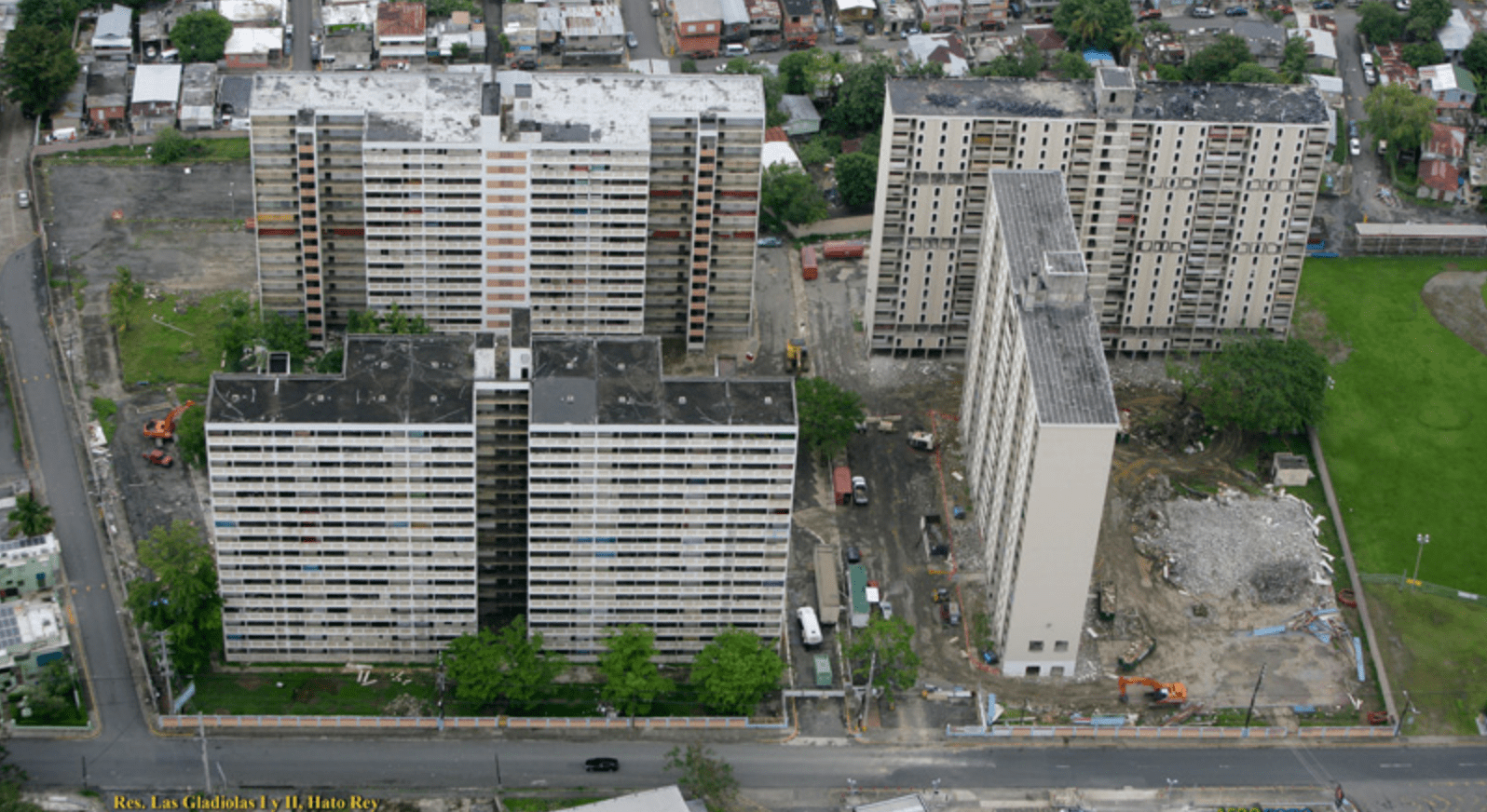 Las Gladiolas in the pre-demolition process. The towers were demolished on July 25, 2011, which happens to be Puerto Rico’s Día de la Constitución.