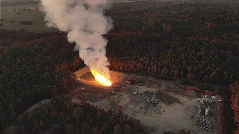 A screen shot from a drone video from the site of a fracked gas well blowout, at wells operated by GEP Haynesville, LLC, in Red River Parish, Louisiana, on October 1, 2019.