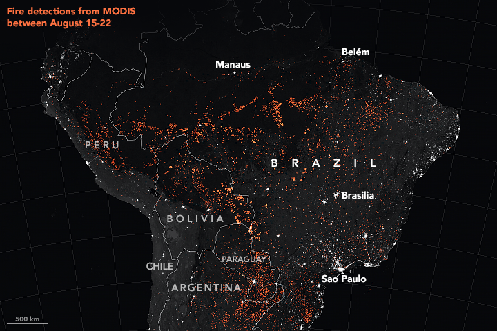 This map above shows active fire detections in Brazil as observed by NASA satellites between August 15-22, 2019.