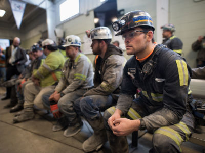Coal miners wait prior to the arrival of U.S. Environmental Protection Agency Administrator Scott Pruitt, who visited the Harvey Mine on April 13, 2017, in Sycamore, Pennsylvania.