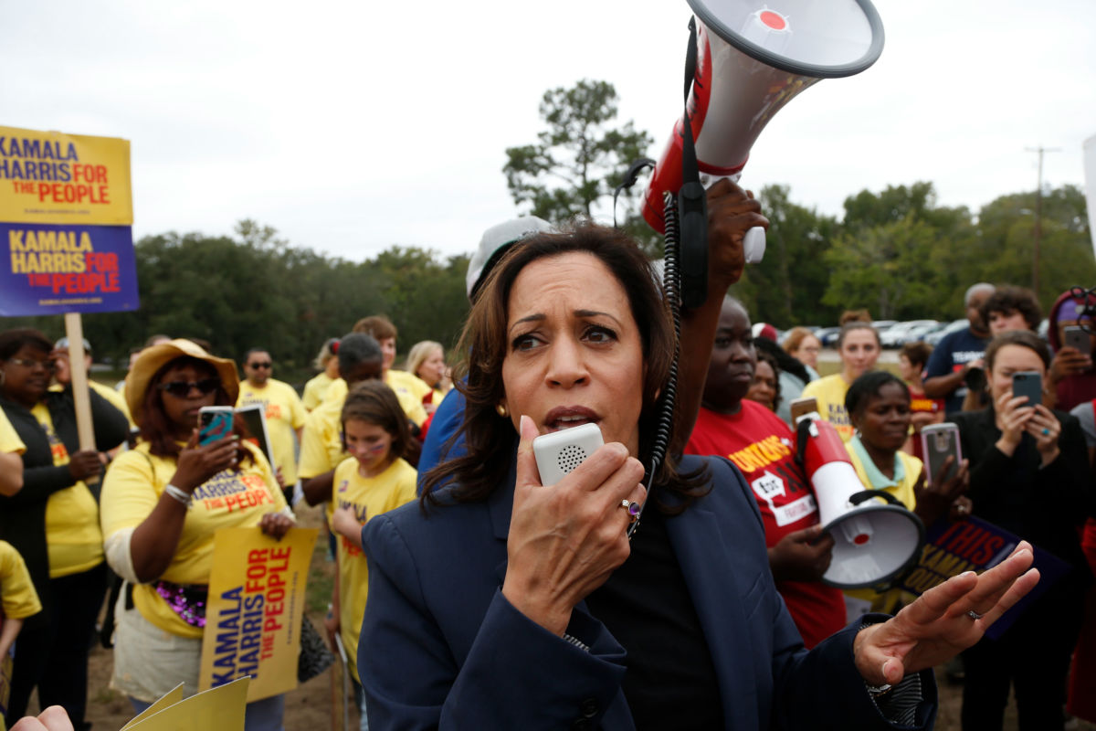 Sen. Kamala Harris addresses a group of her supporters after arriving at the Blue Jamboree on October 5, 2019, in North Charleston, South Carolina.