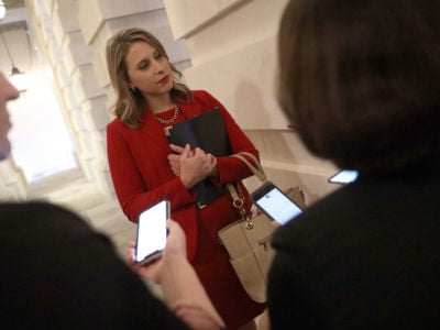Rep. Katie Hill answers questions from reporters at the U.S. Capitol following her final speech on the floor of the House of Representatives, October 31, 2019, in Washington, D.C.