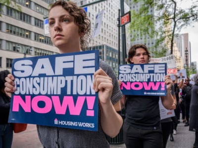 More than 200 overdose prevention activists demonstrate outside Governor Andrew Cuomo's New York City office on August 28, 2019, protesting his failure to enact evidence-based overdose prevention policies that could save the lives of thousands of New Yorkers.