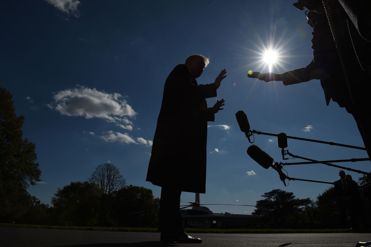 President Trump talks to media on the South Lawn upon his return to the White House by Marine One, in Washington, D.C, November 3, 2019.