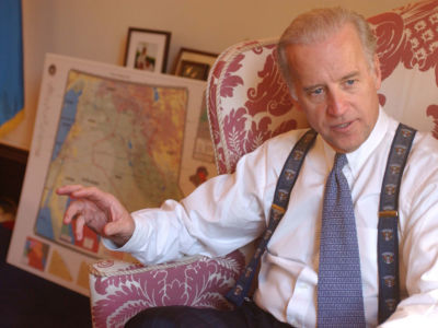 Sen. Joe Biden speaks during an interview in his office about the possibility of war with Iraq on February 5, 2003.