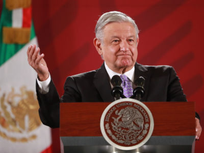 President of Mexico Andrés Manuel Lopez Obrador gestures during the Presidential Daily Morning Briefing