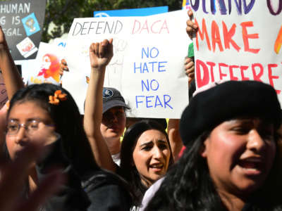 Students and supporters of DACA rally in downtown Los Angeles, California, on November 12, 2019.