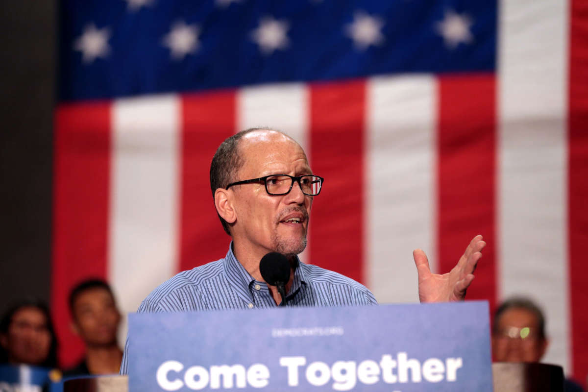 Chairman Tom Perez speaks with supporters at a "Come Together and Fight Back" rally hosted by the Democratic National Committee at the Mesa Amphitheater in Mesa, Arizona, April 21, 2017.