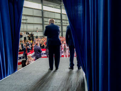 President Trump walks out on stage at the Pratt Industries plant opening in Wapakoneta, Ohio, on September 22, 2019.