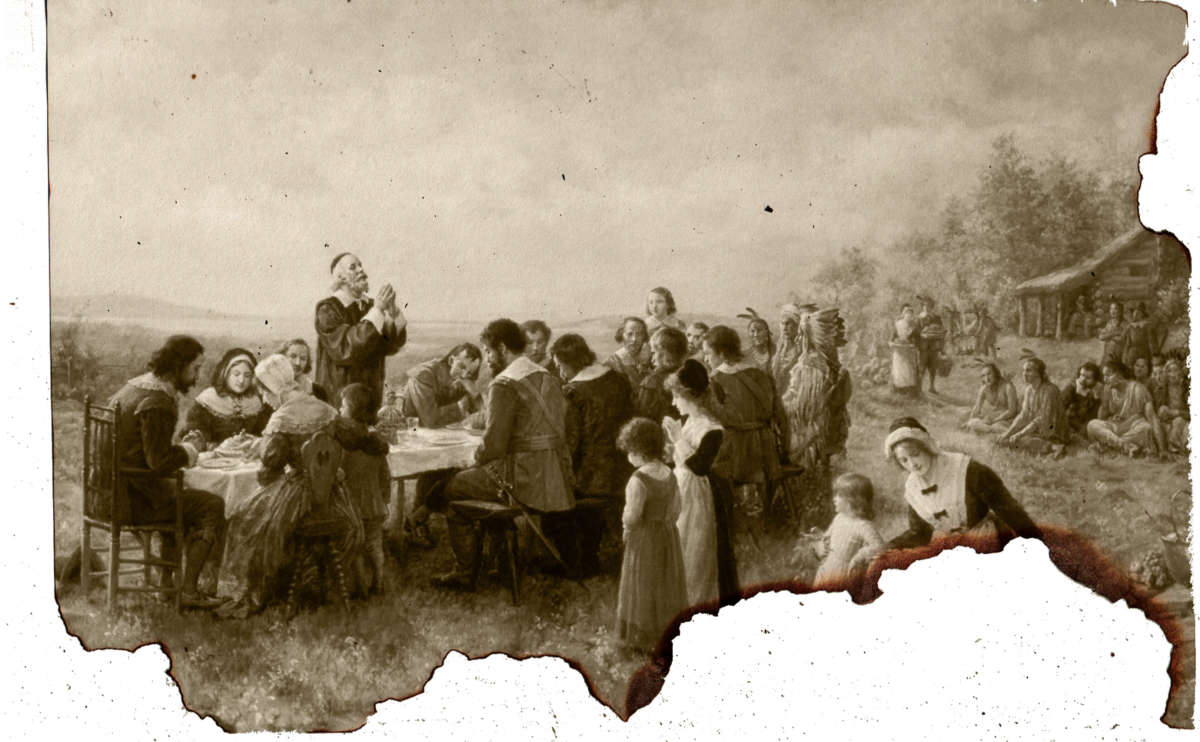 people gather for the first thanksgiving meal in a painting that has burned edges