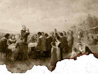 people gather for the first thanksgiving meal in a painting that has burned edges
