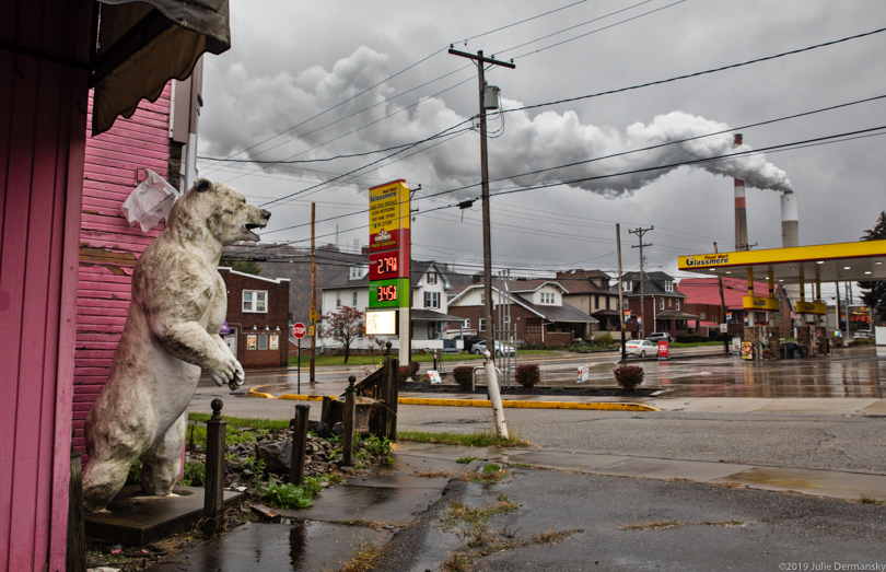 Polar bear outside of a closed restaurant near the Cheswick coal power plant in Pennsylvania's Allegheny County.