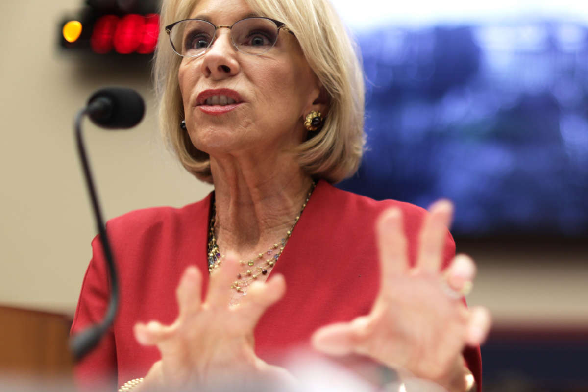Secretary of Education Betsy DeVos testifies during a hearing before House Education and Labor Committee December 12, 2019, on Capitol Hill in Washington, D.C.