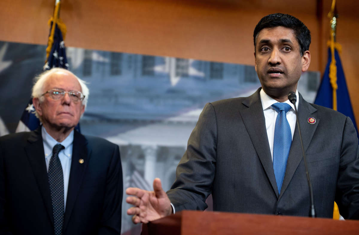 Rep. Ro Khanna, right, and Sen. Bernie Sanders speak during a press conference on Capitol Hill in Washington, D.C, April 4, 2019.