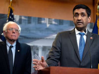 Rep. Ro Khanna, right, and Sen. Bernie Sanders speak during a press conference on Capitol Hill in Washington, D.C, April 4, 2019.