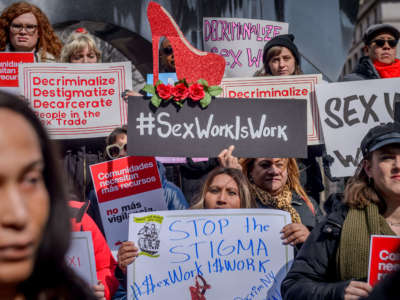 A coalition of activists in New York agitate for the decriminalization of the sex trade on February 25, 2019.