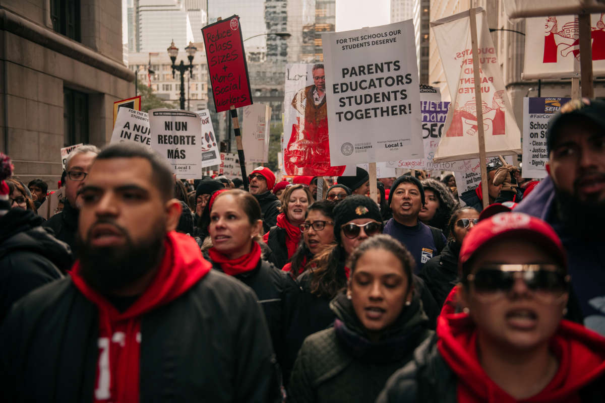 Thousands of demonstrators take to the streets in a show of support for the teachers' strike in Chicago, Illinois, on October 23, 2019.
