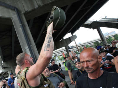 Alt-right groups, including the Proud Boys, hold a rally on August 17, 2019, in Portland, Oregon. Anti-fascism demonstrators gathered to counter-protest the rally held by far-right, extremist groups.