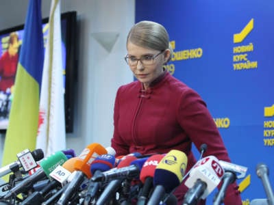 Yulia Tymoshenko arrives to her press-conference in Kiev, Ukraine, on April 2, 2019.