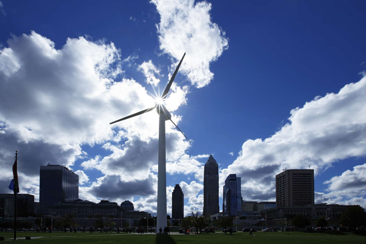 A wind turbine amid the downtown skyline on October 9, 2016 in Cleveland, Ohio.