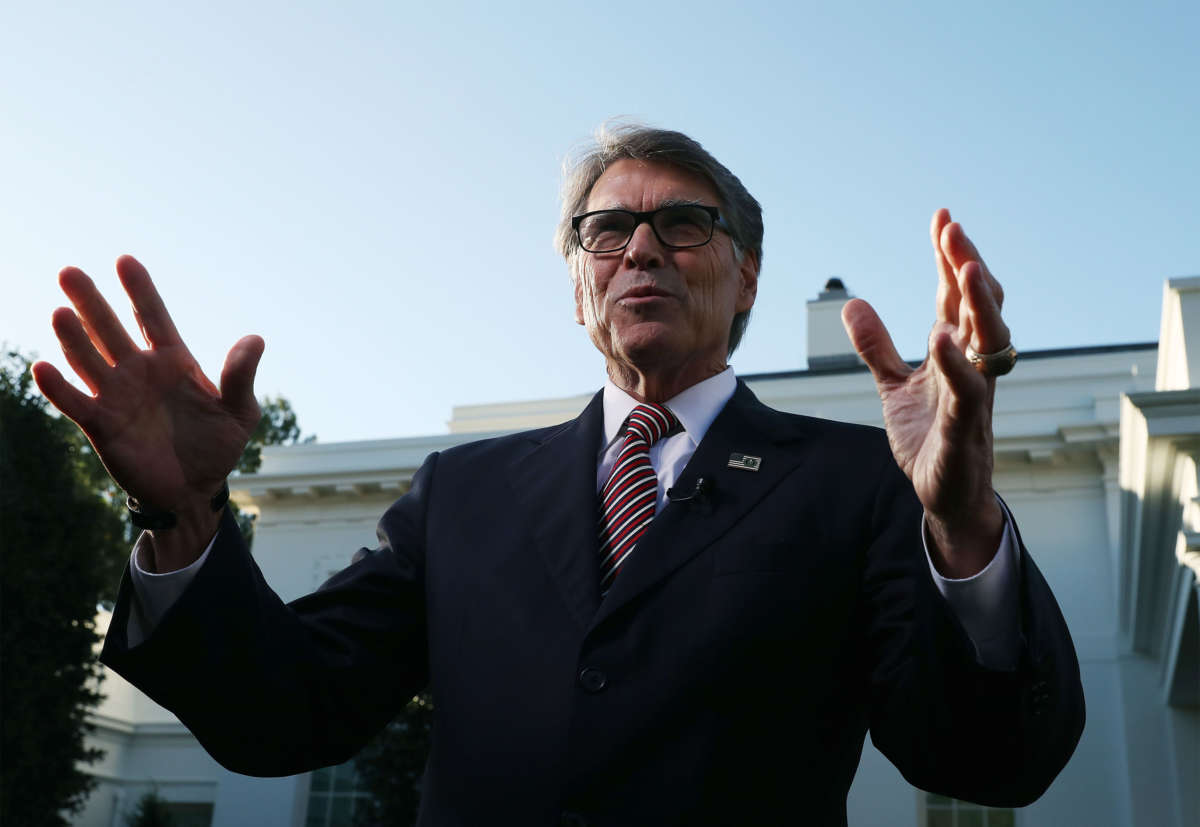 Then-U.S. Secretary of Energy Rick Perry speaks to the media in the White House driveway on October 23, 2019, in Washington, D.C.