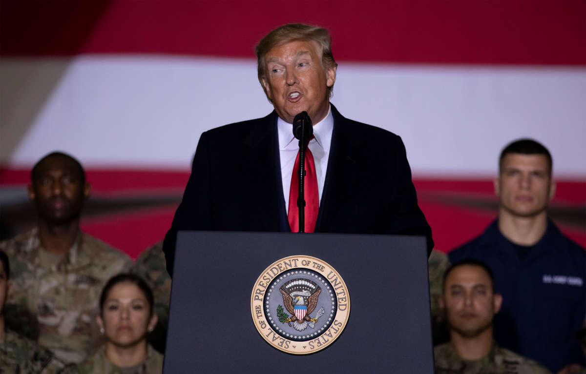 President Trump speaks at a signing ceremony on December 20, 2019, in Joint Base Andrews, Maryland.