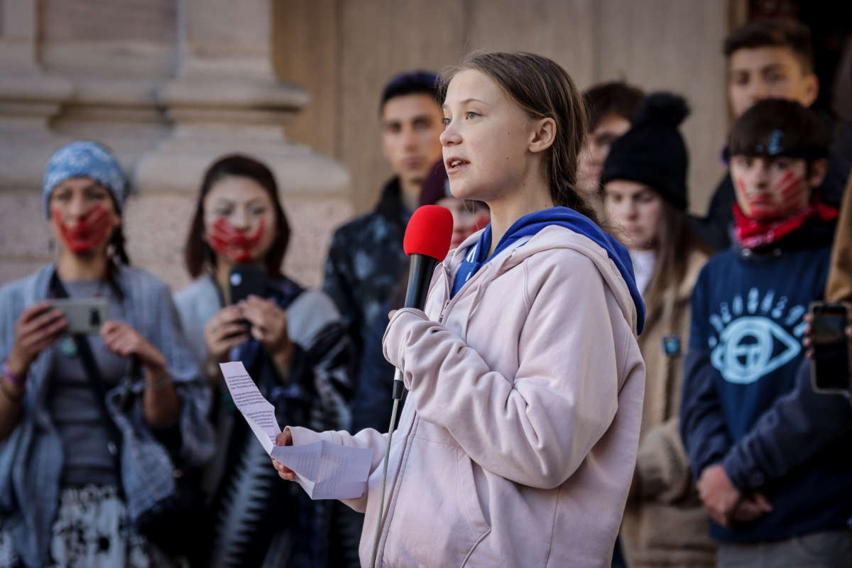 Swedish teen activist Greta Thunberg speaks at the Fridays for Future Denver Climate Strike on October 11, 2019, at Civic Center Park in Denver, Colorado.