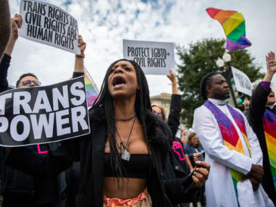 A woman holds a sign reading "TRANS POWER" during an protest