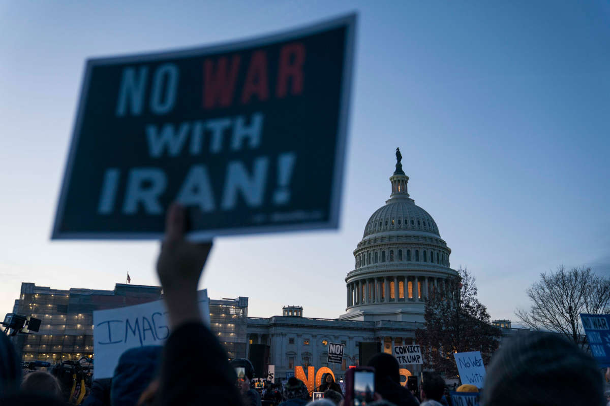 Demonstrators outside the Capitol call on the U.S. not to wage war against Iran on January 9, 2020, in Washington, D.C.