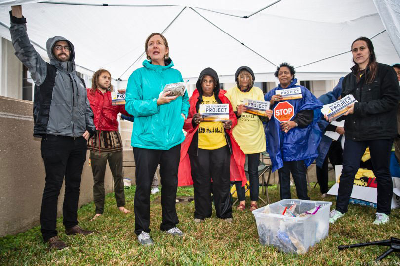 Anne Rolfes, founder of the Louisiana Bucket Brigade, holding up a bag of nurdles discharged from Formosa’s Point Comfort, Texas plant, at a protest against the company’s proposed St. James plant in Baton Rouge, Louisiana, on December 10, 2019.