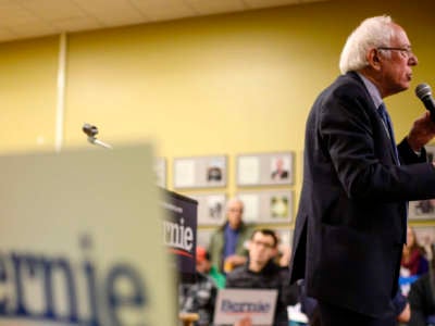 Democratic presidential candidate Sen. Bernie Sanders speaks at a town hall at the National Motorcycle Museum on January 3, 2020, in Anamosa, Iowa.