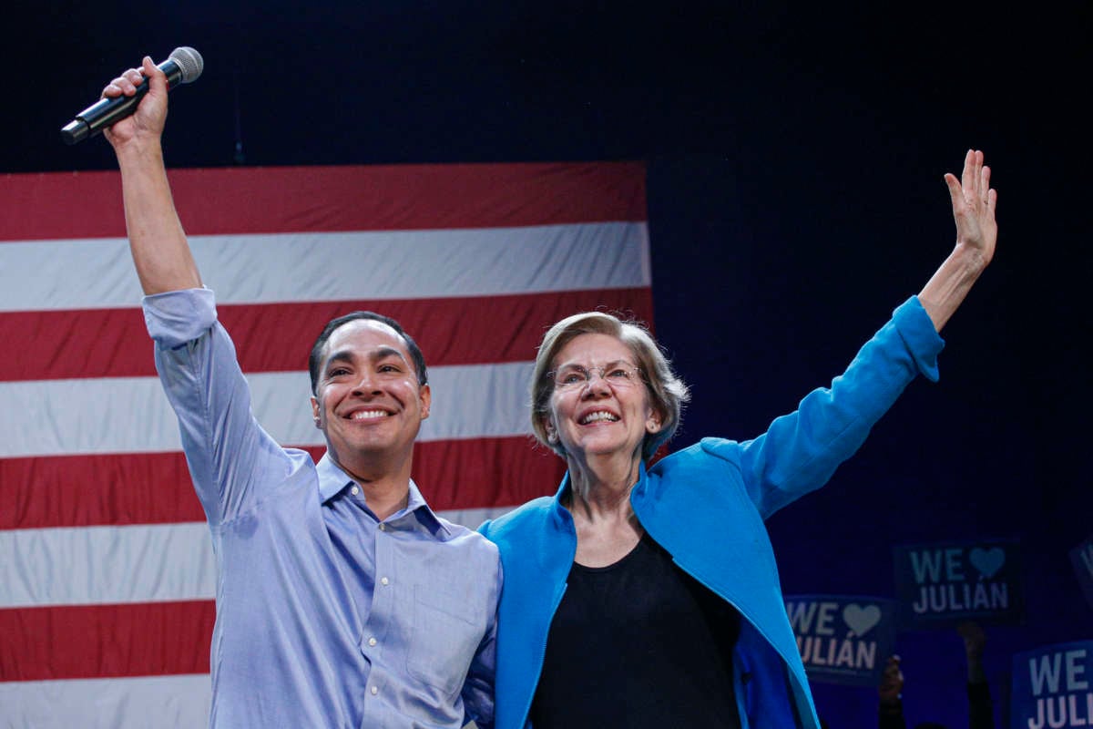 Julián Castro and Sen. Elizabeth Warren attend a rally on January 7, 2020, in New York City. After dropping out of the presidential race, former HUD Secretary Julián Castro endorsed Senator Warren for president.