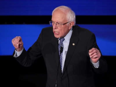 Sen. Bernie Sanders delivers his closing statement during the Democratic presidential primary debate at Drake University on January 14, 2020, in Des Moines, Iowa.