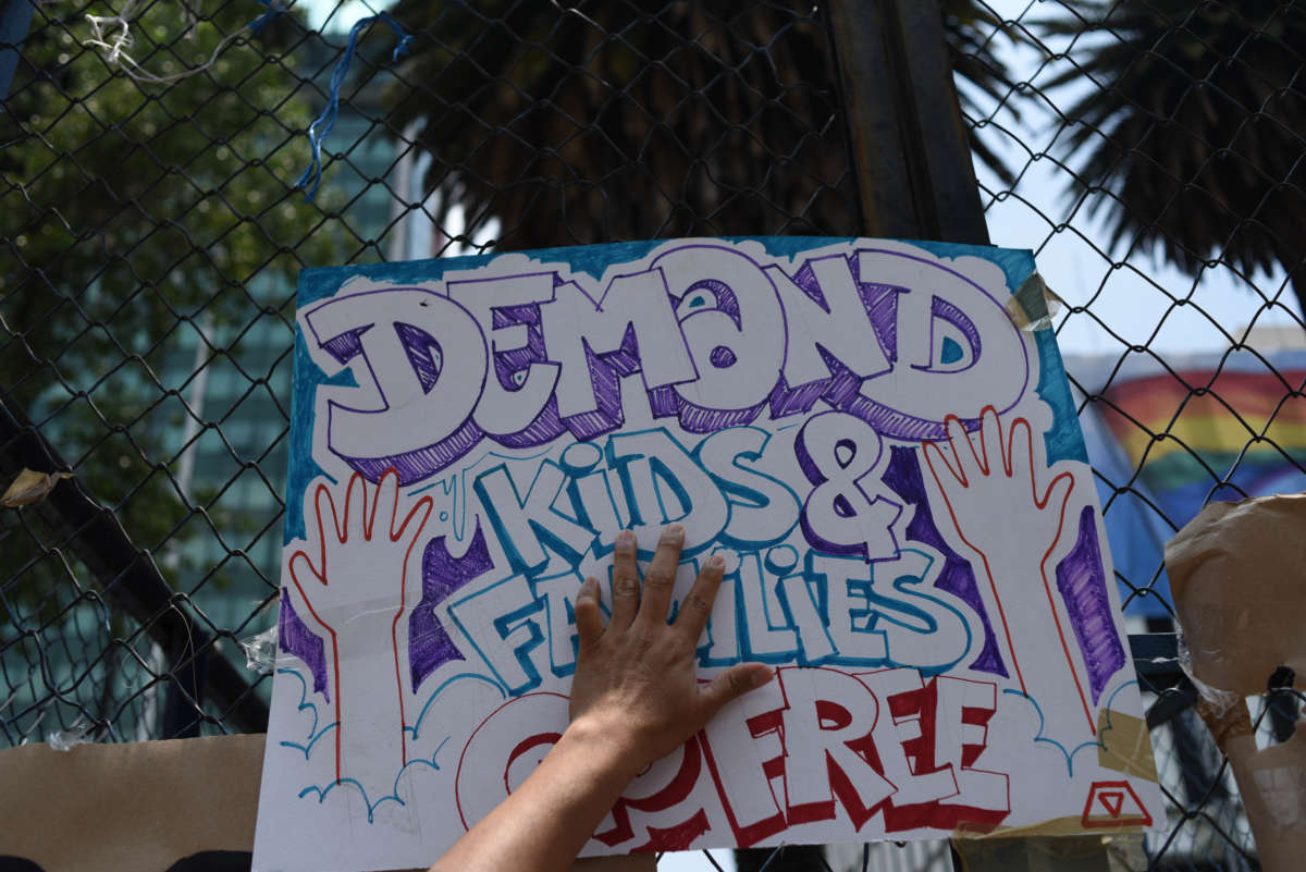 People take part in a protest against U.S. immigration policies outside the US embassy in Mexico City on June 30, 2018.