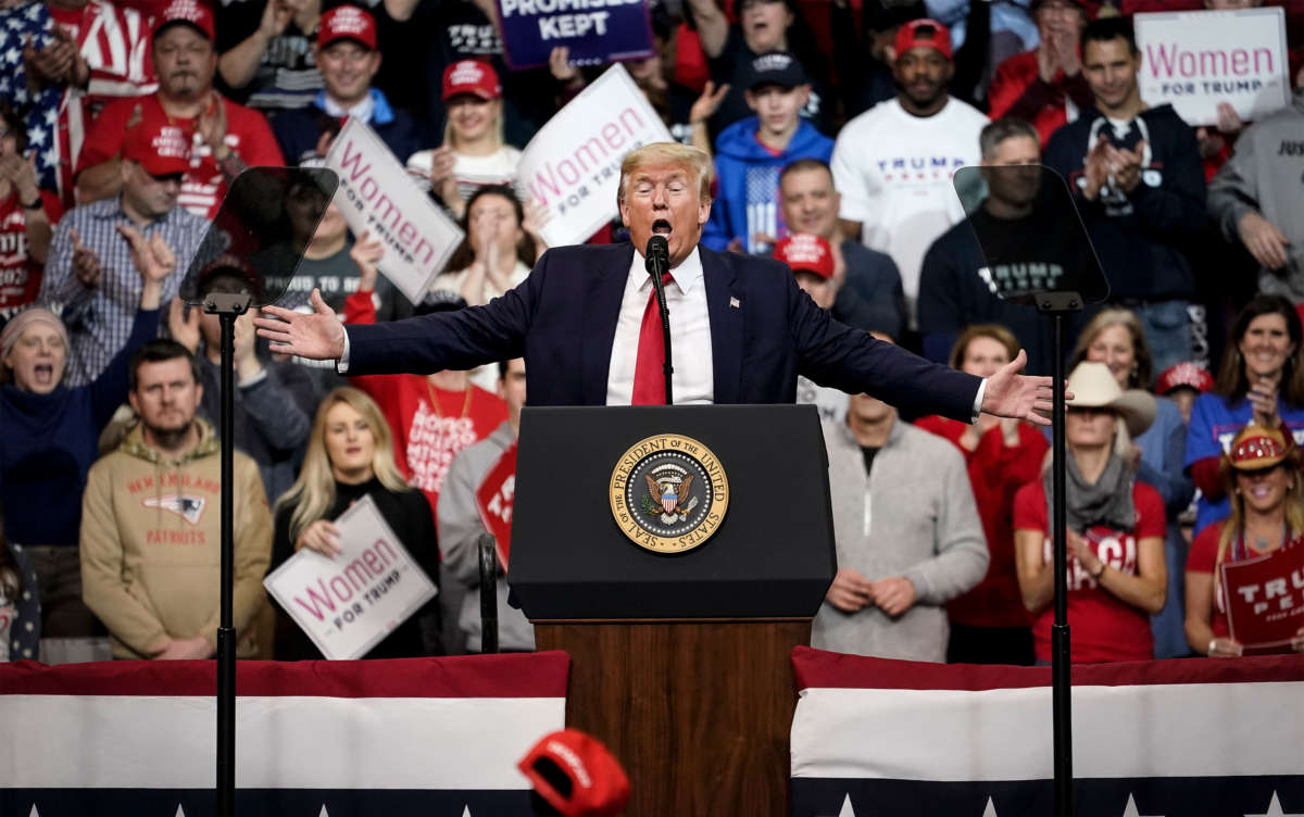 President Trump speaks at a rally at Southern New Hampshire University Arena on February 10, 2020, in Manchester, New Hampshire.