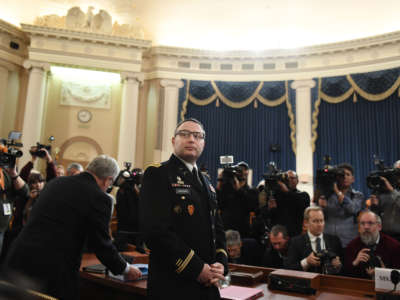 National Security Council Europe expert Lt. Col. Alexander S. Vindman appears before the House Intelligence Committee during an impeachment hearing at the Longworth House Office Building on November 19, 2019, in Washington, D.C.