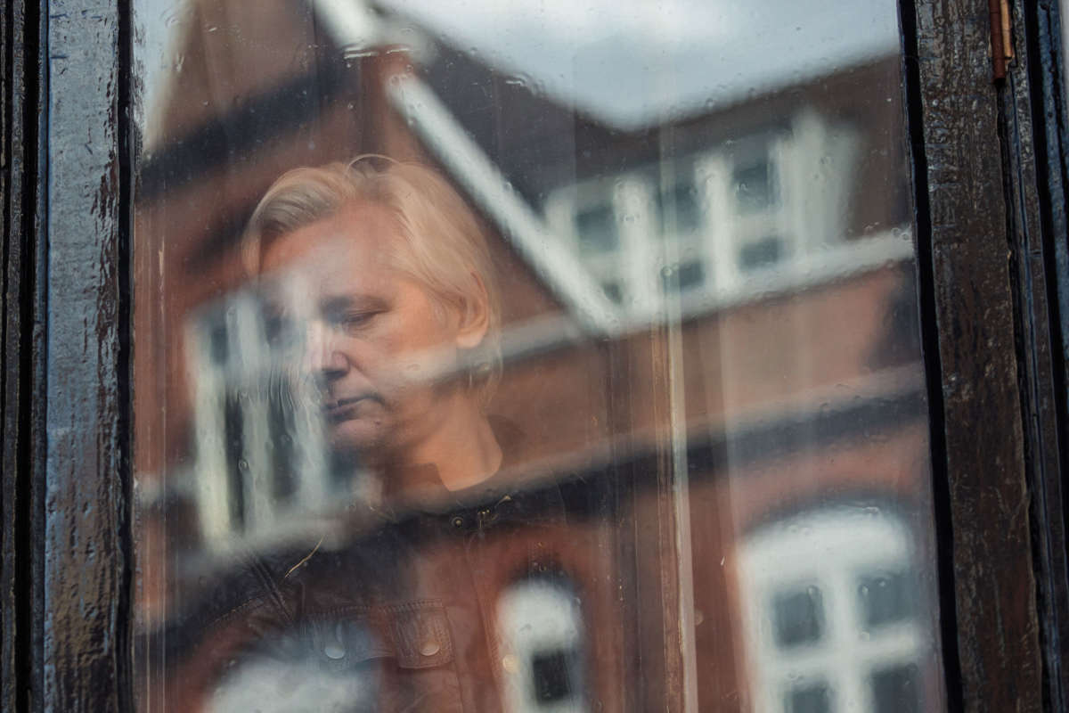 Julian Assange steps out to speak to the media from the balcony of the Embassy Of Ecuador on May 19, 2017, in London, England.