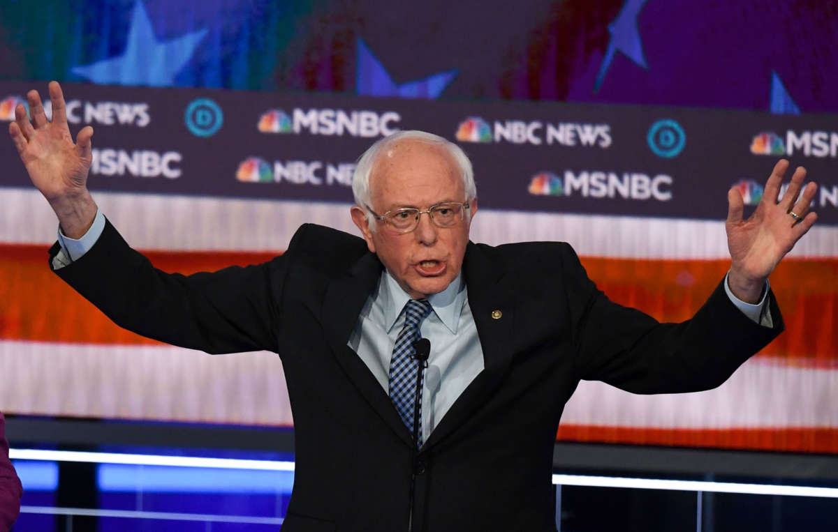Sen. Bernie Sanders speaks during the ninth Democratic primary debate of the 2020 presidential campaign season at the Paris Theater in Las Vegas, Nevada, on February 19, 2020.