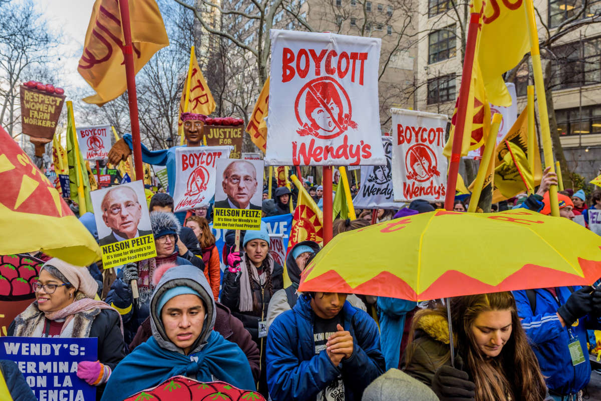 Dozens of farm workers with Coalition of Immokalee Workers, students, faith and community leaders from around the country, concluded a five-day fast in front of the hedge fund offices of Nelson Peltz, the Board Chairman and largest shareholder of the fast food giant, Wendy's, to demand Wendy's join Fair Food Program and help end sexual violence in the fields.