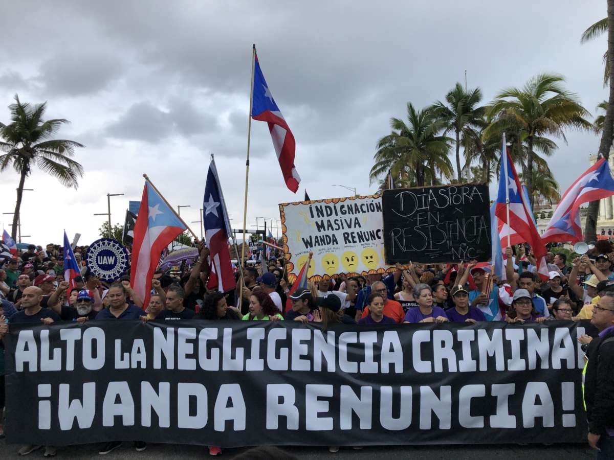 Demonstrators in San Juan, Puerto Rico, on January 23, 2020, demanded the resignation of Puerto Rico's Governor Wanda Vázquez Garced and Senate President Thomas Rivera Schatz after a warehouse full of relief supplies, reportedly dating back to Hurricane Maria in 2017, were found having been left undistributed to those in need.
