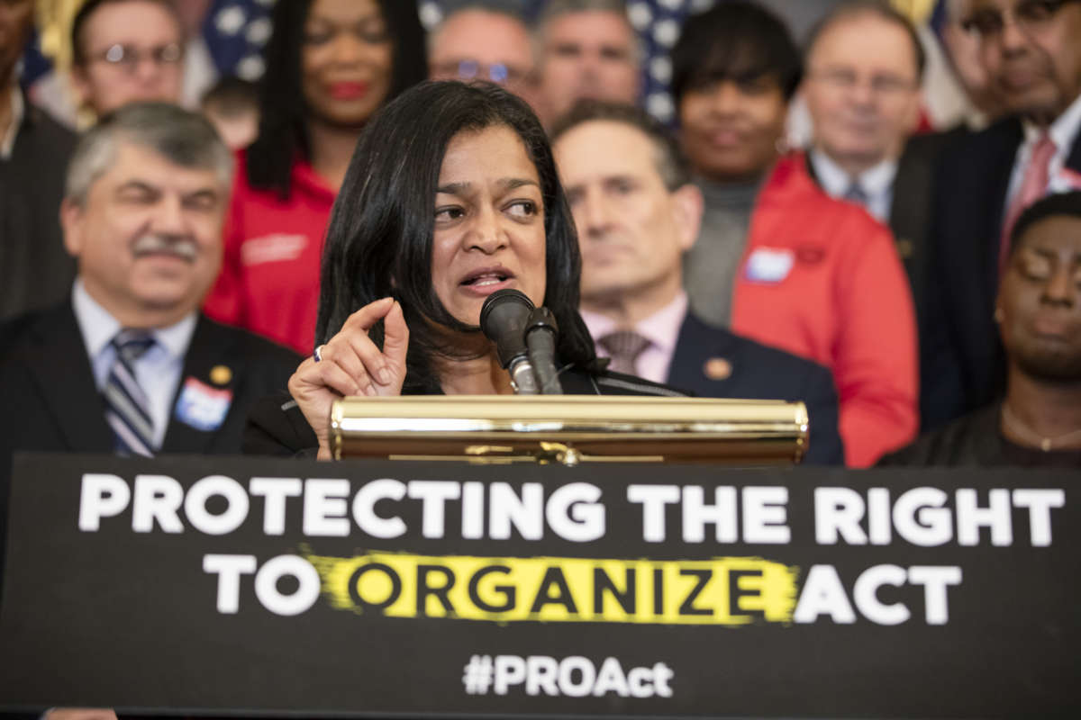 Rep. Pramila Jayapal speaks during a press conference advocating for the passage of the Protecting the Right to Organize (PRO) Act in the House of Representatives on February 5, 2020, in Washington, D.C.