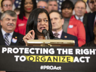 Rep. Pramila Jayapal speaks during a press conference advocating for the passage of the Protecting the Right to Organize (PRO) Act in the House of Representatives on February 5, 2020, in Washington, D.C.