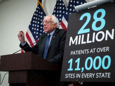 Sen. Bernie Sanders speaks during a press conference to announce legislation to extend and expand funding for community health centers and the National Health Service Corps, at the U.S. Capitol on March 28, 2019, in Washington, D.C.